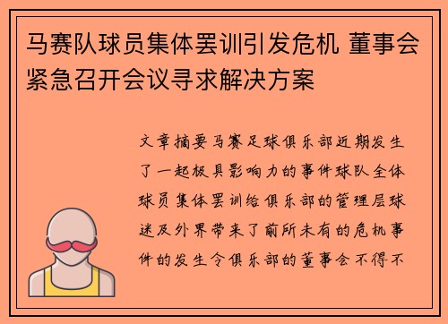 马赛队球员集体罢训引发危机 董事会紧急召开会议寻求解决方案